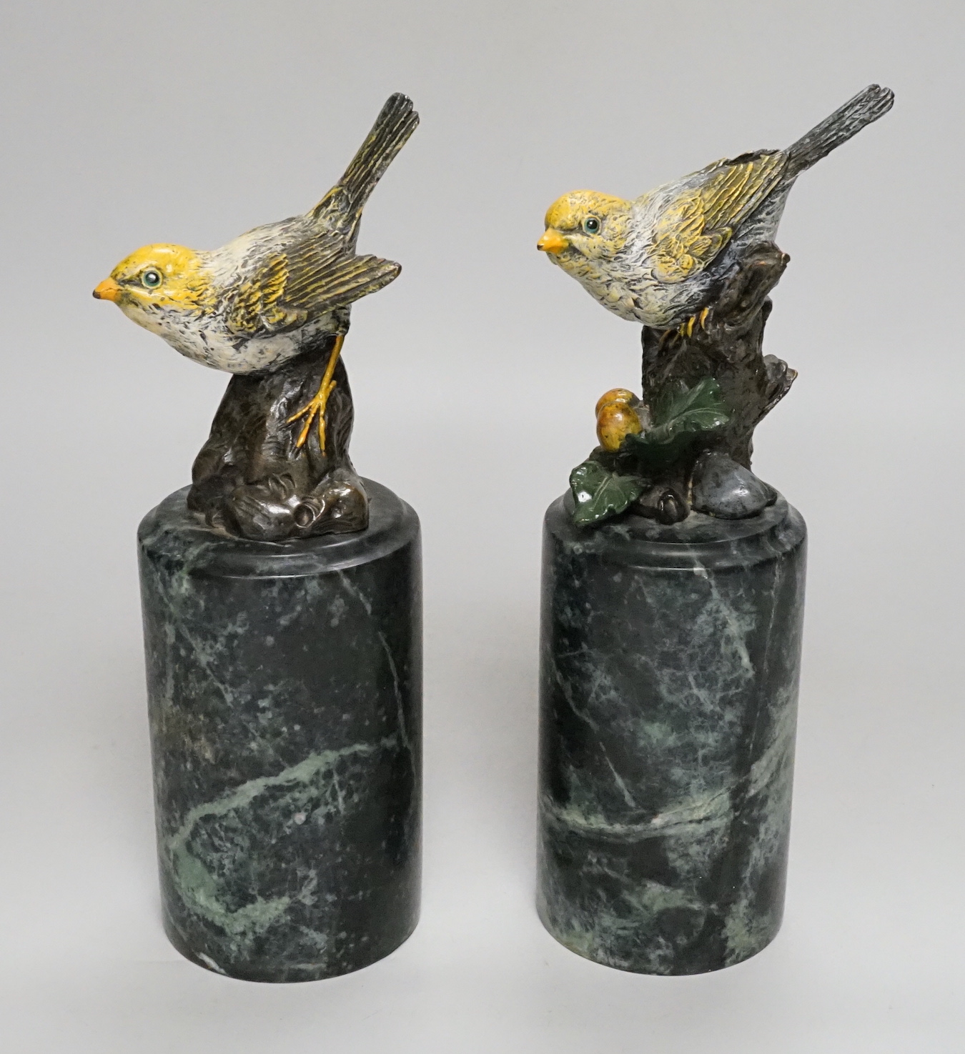 Miguel Ferdinand Lopez (Milo). A pair of cold painted bronze yellow birds on marble plinth, signed, 23cm